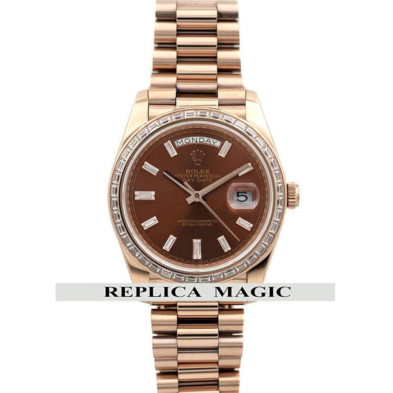 Rolex Day-Date 40 Everose Gold Diamond Bezel 228235 Chocolate Dial replica watch - Replica Magic Watch